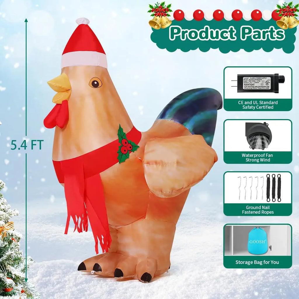 5.4ft LED Lights Inflatable Chicken for Kids Factory Price Outdoor Christmas Decoration Hot Selling Xmas Blow Wearing Hat