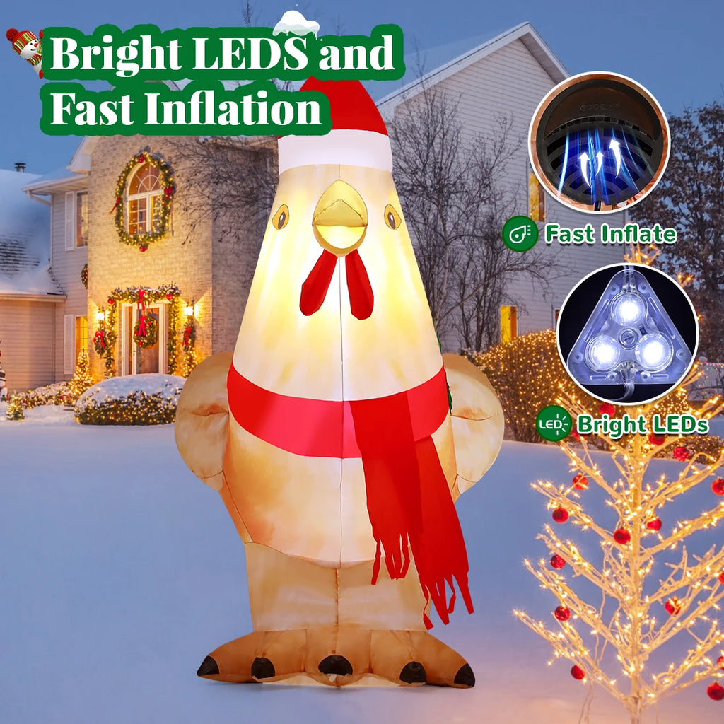 5.4ft LED Lights Inflatable Chicken for Kids Factory Price Outdoor Christmas Decoration Hot Selling Xmas Blow Wearing Hat