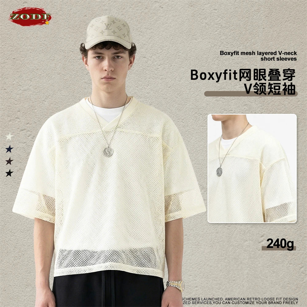 ZODF 2026 Spring Summer Breathable Man V Neck T-ShirtsUnisex High Street 240gsm Boxyfit Mesh Sport T Shirt Brand Design HY1180