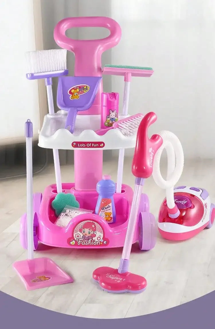 Housekeeping Cleaning Trolley Playset Caddy Includes Accessories and Toy Vacuum with Sounds and Lights Pretend Play for Girls