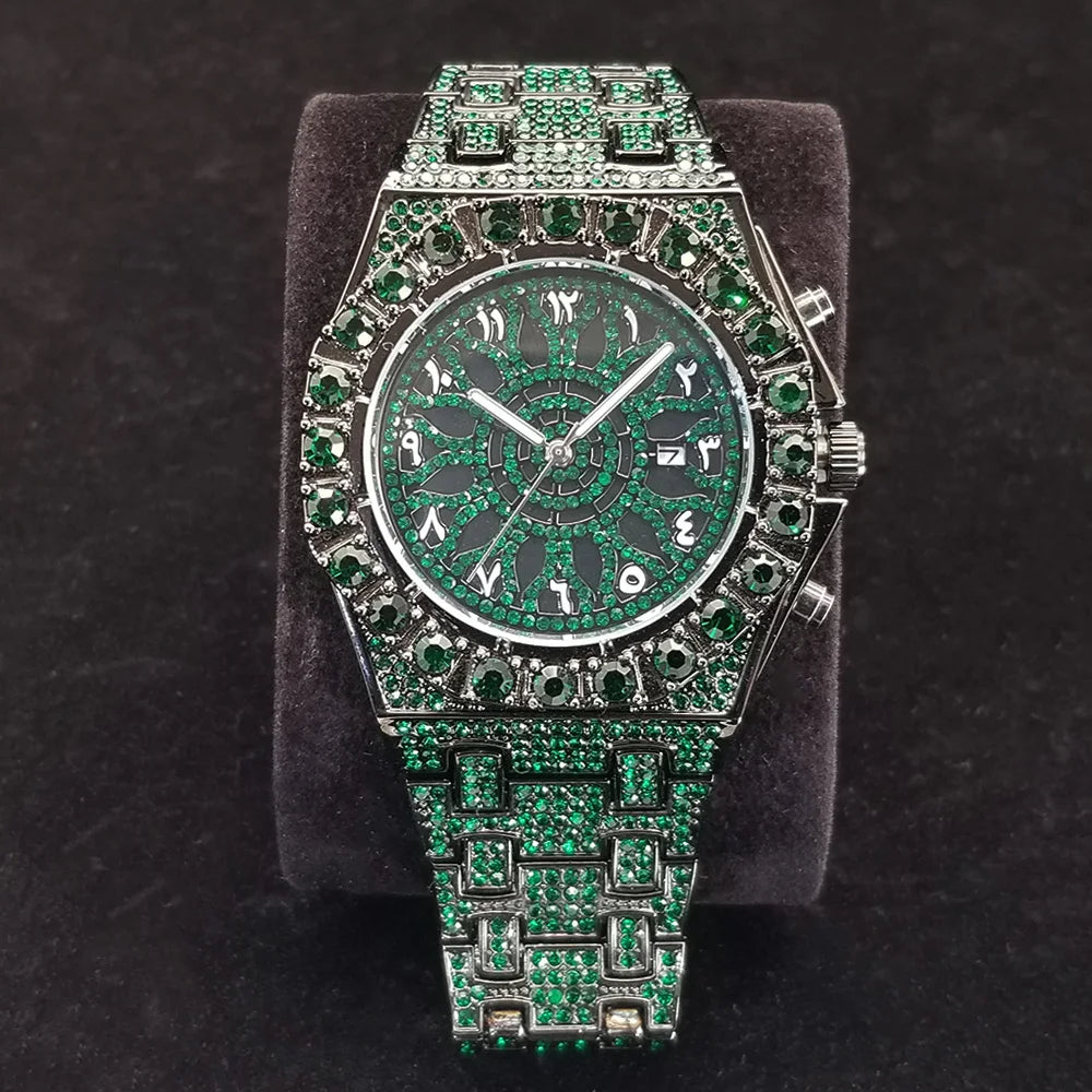 Famous Brand Diamond Watch For Men Unique Design Green Gem Quartz Watches High Quality Stainless Steel Waterproof Man Clock Gift