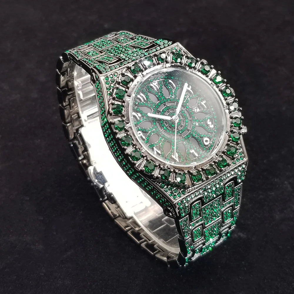 Famous Brand Diamond Watch For Men Unique Design Green Gem Quartz Watches High Quality Stainless Steel Waterproof Man Clock Gift