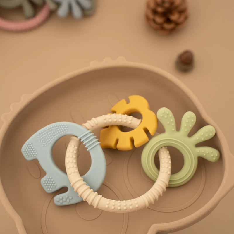 4 in 1 Baby Silicone Wooden Teether for Infants Rabbit and Leaves Design Chew Teething Toys Newborn Babies Accessories BPA Free