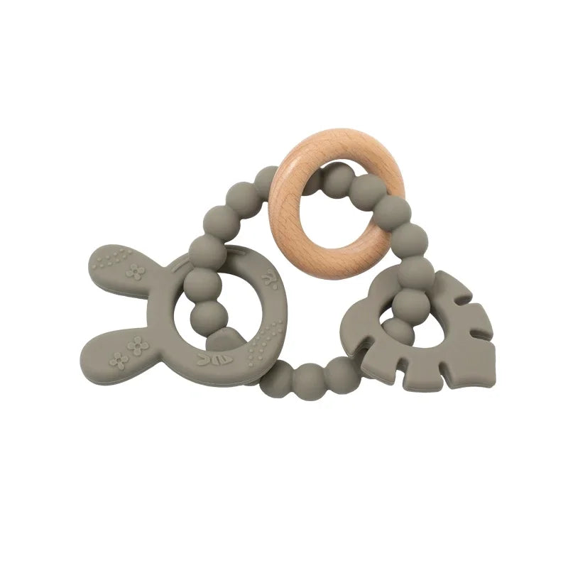 4 in 1 Baby Silicone Wooden Teether for Infants Rabbit and Leaves Design Chew Teething Toys Newborn Babies Accessories BPA Free