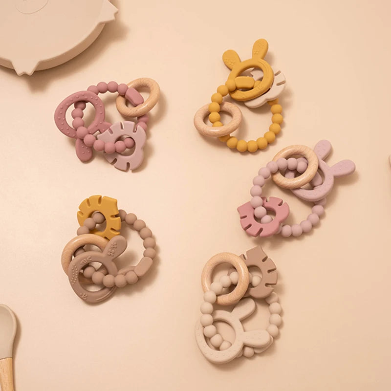 4 in 1 Baby Silicone Wooden Teether for Infants Rabbit and Leaves Design Chew Teething Toys Newborn Babies Accessories BPA Free