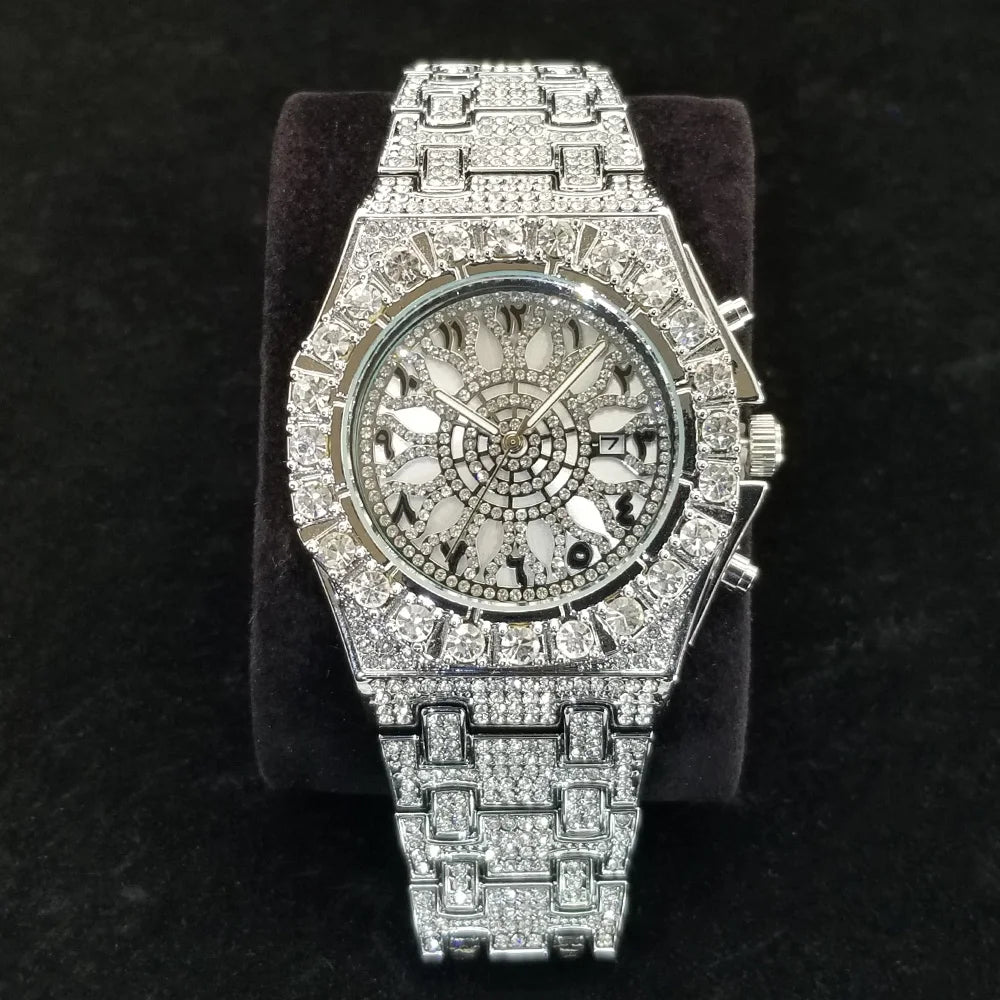Famous Brand Diamond Watch For Men Unique Design Green Gem Quartz Watches High Quality Stainless Steel Waterproof Man Clock Gift