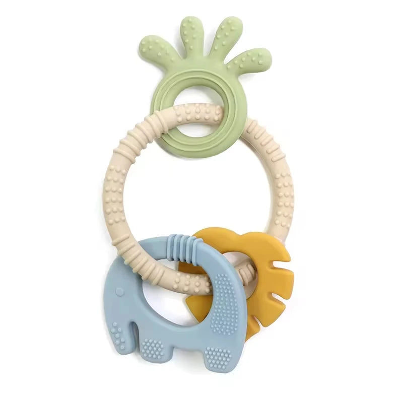 4 in 1 Baby Silicone Wooden Teether for Infants Rabbit and Leaves Design Chew Teething Toys Newborn Babies Accessories BPA Free