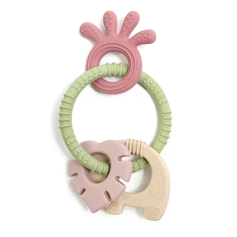 4 in 1 Baby Silicone Wooden Teether for Infants Rabbit and Leaves Design Chew Teething Toys Newborn Babies Accessories BPA Free