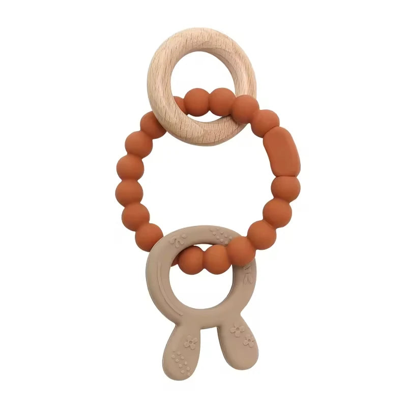 4 in 1 Baby Silicone Wooden Teether for Infants Rabbit and Leaves Design Chew Teething Toys Newborn Babies Accessories BPA Free