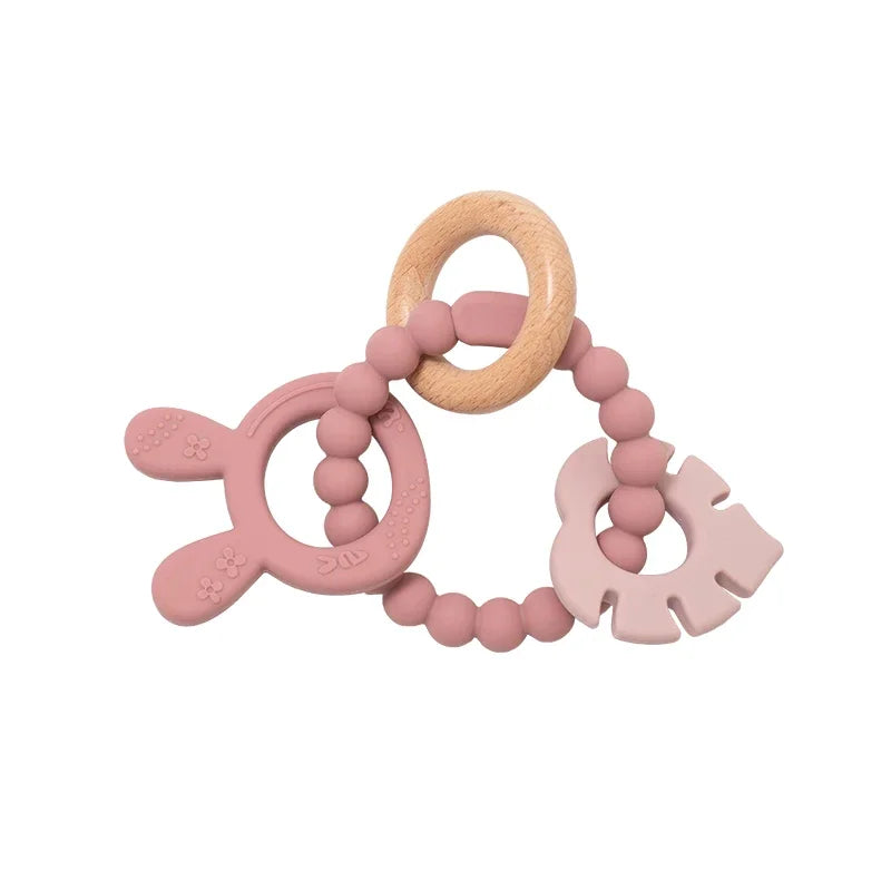 4 in 1 Baby Silicone Wooden Teether for Infants Rabbit and Leaves Design Chew Teething Toys Newborn Babies Accessories BPA Free
