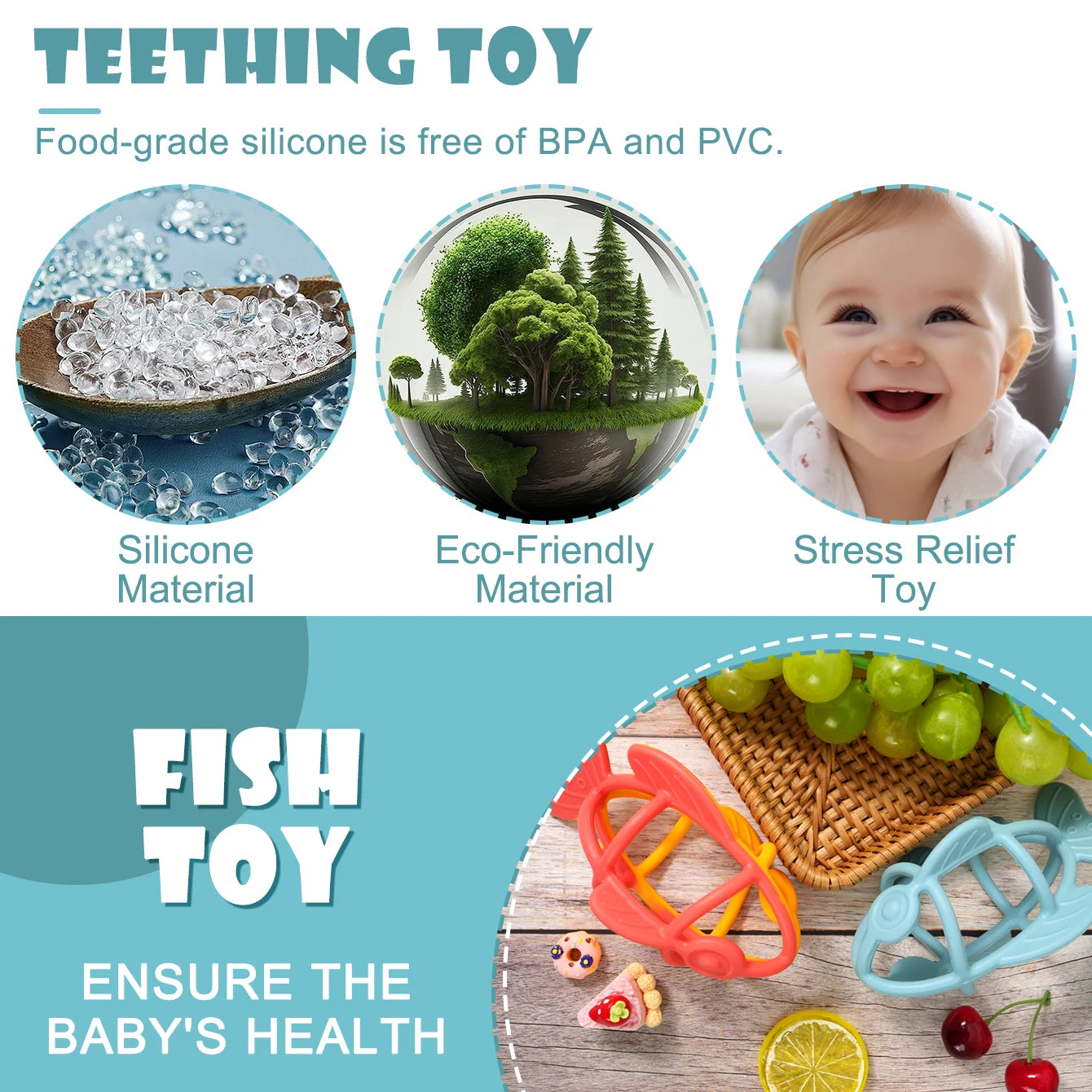 Color Kids 1PC Silicone Baby Teether Toy Food Grade Fish Chewing Toy Newborn Gift BPA Free Teething Ring For Toddler Baby Stuff