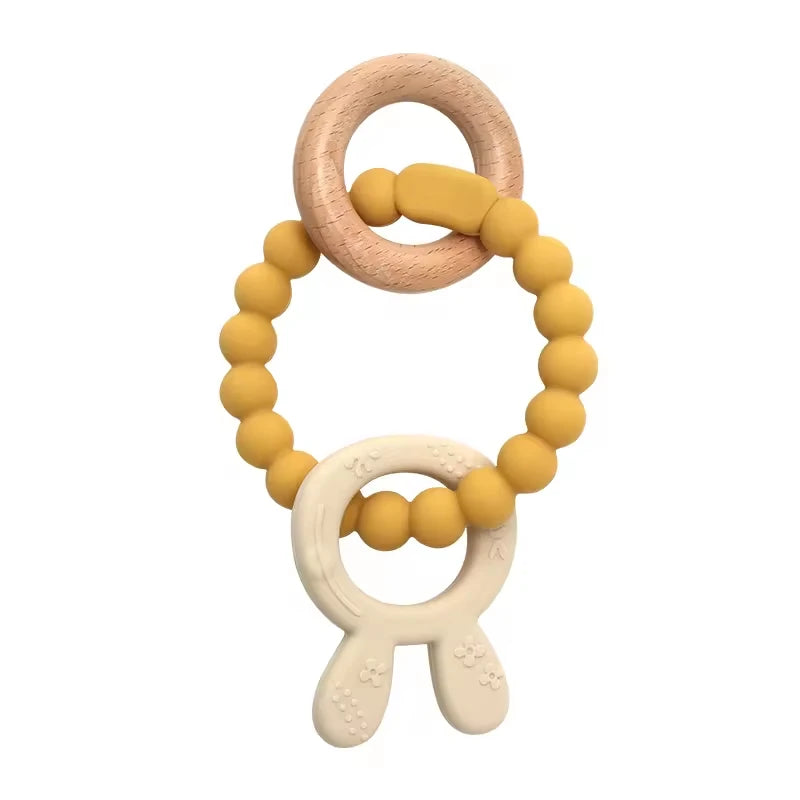 4 in 1 Baby Silicone Wooden Teether for Infants Rabbit and Leaves Design Chew Teething Toys Newborn Babies Accessories BPA Free