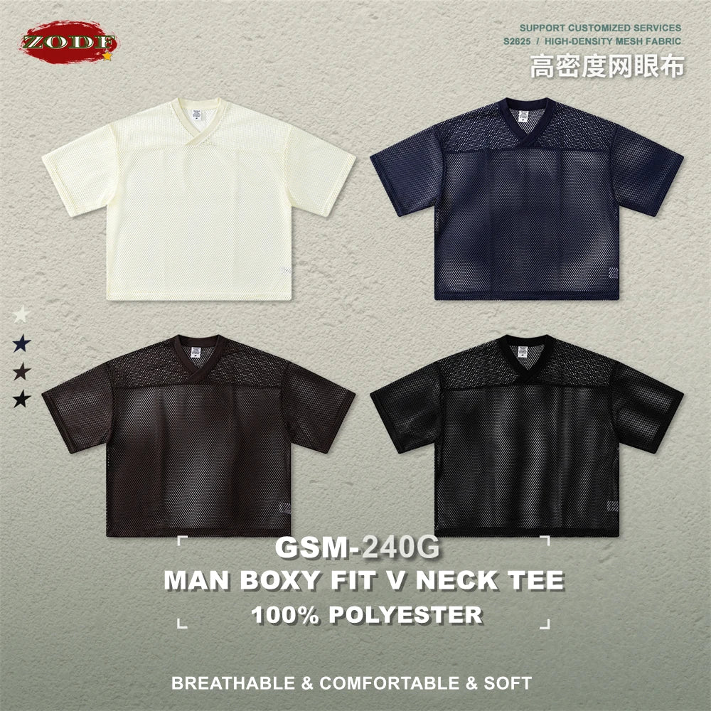 ZODF 2026 Spring Summer Breathable Man V Neck T-ShirtsUnisex High Street 240gsm Boxyfit Mesh Sport T Shirt Brand Design HY1180