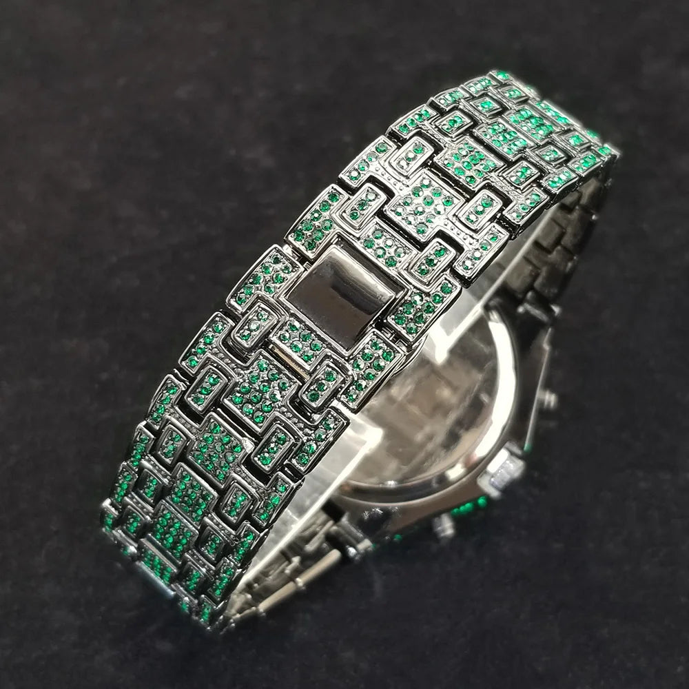 Famous Brand Diamond Watch For Men Unique Design Green Gem Quartz Watches High Quality Stainless Steel Waterproof Man Clock Gift