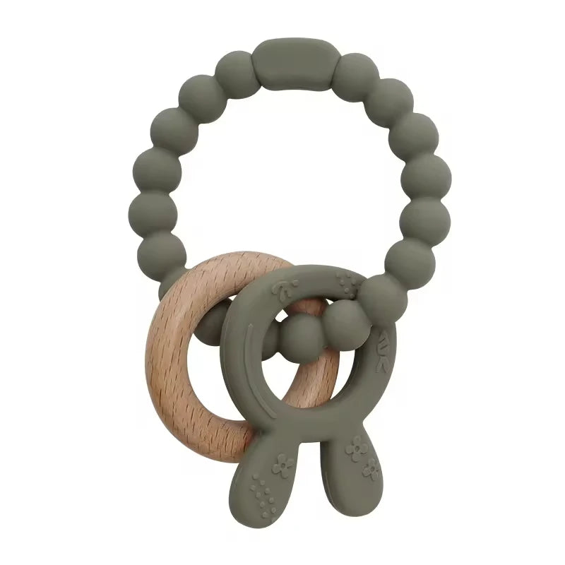 4 in 1 Baby Silicone Wooden Teether for Infants Rabbit and Leaves Design Chew Teething Toys Newborn Babies Accessories BPA Free