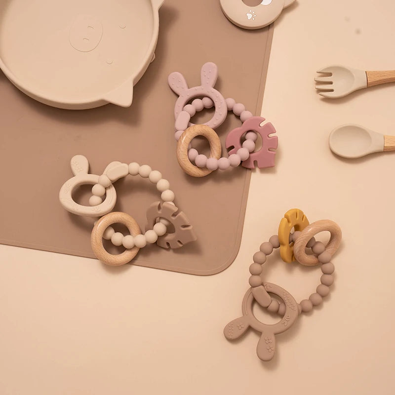 4 in 1 Baby Silicone Wooden Teether for Infants Rabbit and Leaves Design Chew Teething Toys Newborn Babies Accessories BPA Free