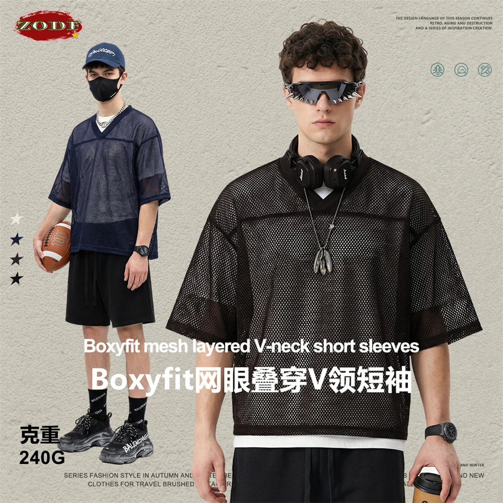 ZODF 2026 Spring Summer Breathable Man V Neck T-ShirtsUnisex High Street 240gsm Boxyfit Mesh Sport T Shirt Brand Design HY1180