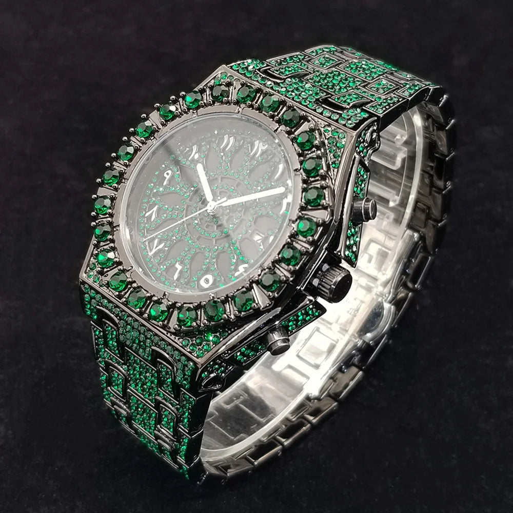 Famous Brand Diamond Watch For Men Unique Design Green Gem Quartz Watches High Quality Stainless Steel Waterproof Man Clock Gift