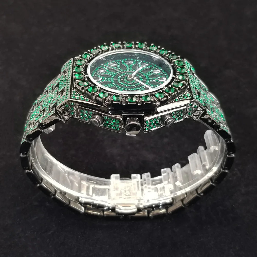 Famous Brand Diamond Watch For Men Unique Design Green Gem Quartz Watches High Quality Stainless Steel Waterproof Man Clock Gift