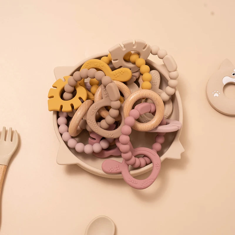 4 in 1 Baby Silicone Wooden Teether for Infants Rabbit and Leaves Design Chew Teething Toys Newborn Babies Accessories BPA Free