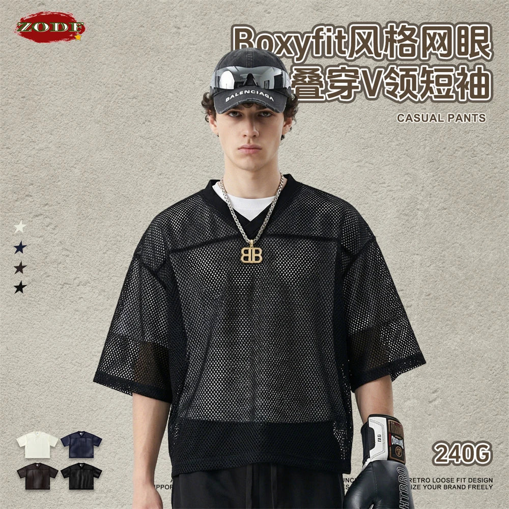 ZODF 2026 Spring Summer Breathable Man V Neck T-ShirtsUnisex High Street 240gsm Boxyfit Mesh Sport T Shirt Brand Design HY1180