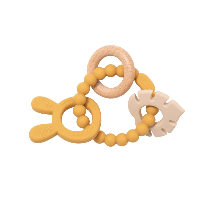 4 in 1 Baby Silicone Wooden Teether for Infants Rabbit and Leaves Design Chew Teething Toys Newborn Babies Accessories BPA Free