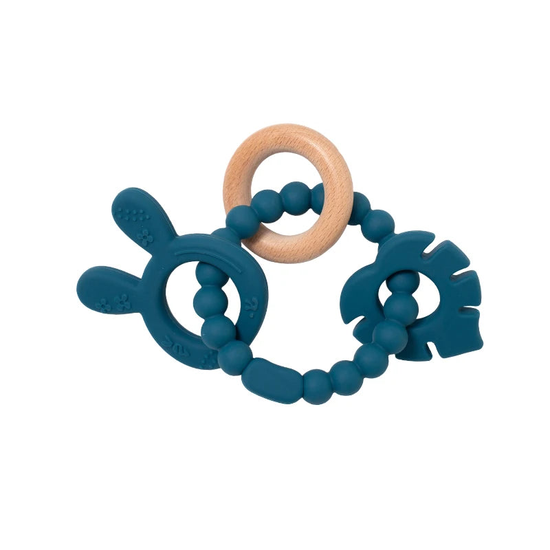 4 in 1 Baby Silicone Wooden Teether for Infants Rabbit and Leaves Design Chew Teething Toys Newborn Babies Accessories BPA Free