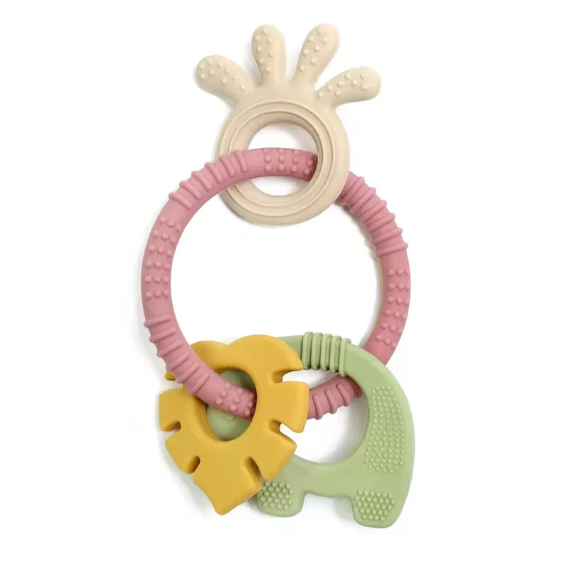 4 in 1 Baby Silicone Wooden Teether for Infants Rabbit and Leaves Design Chew Teething Toys Newborn Babies Accessories BPA Free