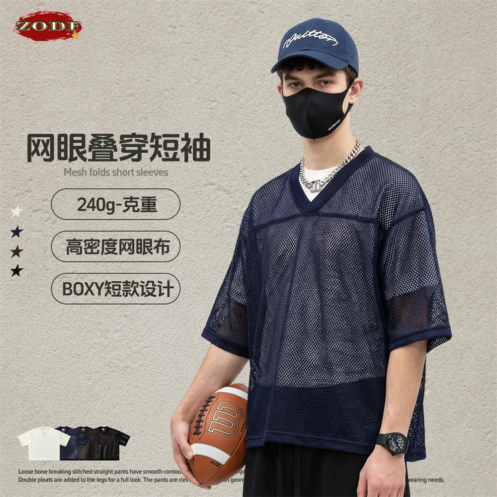 ZODF 2026 Spring Summer Breathable Man V Neck T-ShirtsUnisex High Street 240gsm Boxyfit Mesh Sport T Shirt Brand Design HY1180