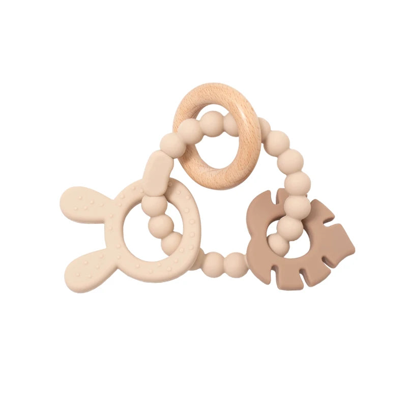 4 in 1 Baby Silicone Wooden Teether for Infants Rabbit and Leaves Design Chew Teething Toys Newborn Babies Accessories BPA Free