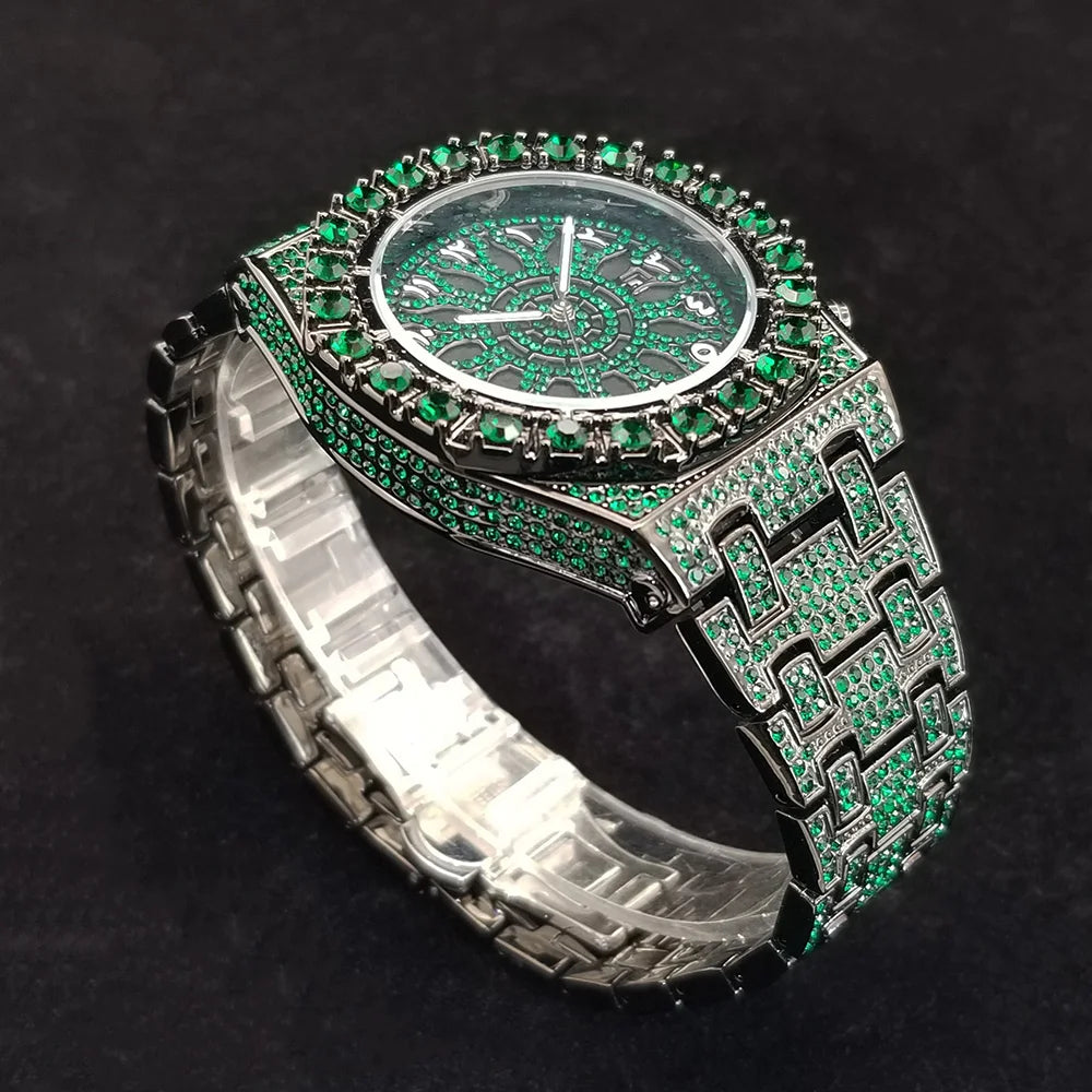 Famous Brand Diamond Watch For Men Unique Design Green Gem Quartz Watches High Quality Stainless Steel Waterproof Man Clock Gift