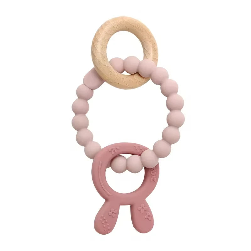 4 in 1 Baby Silicone Wooden Teether for Infants Rabbit and Leaves Design Chew Teething Toys Newborn Babies Accessories BPA Free