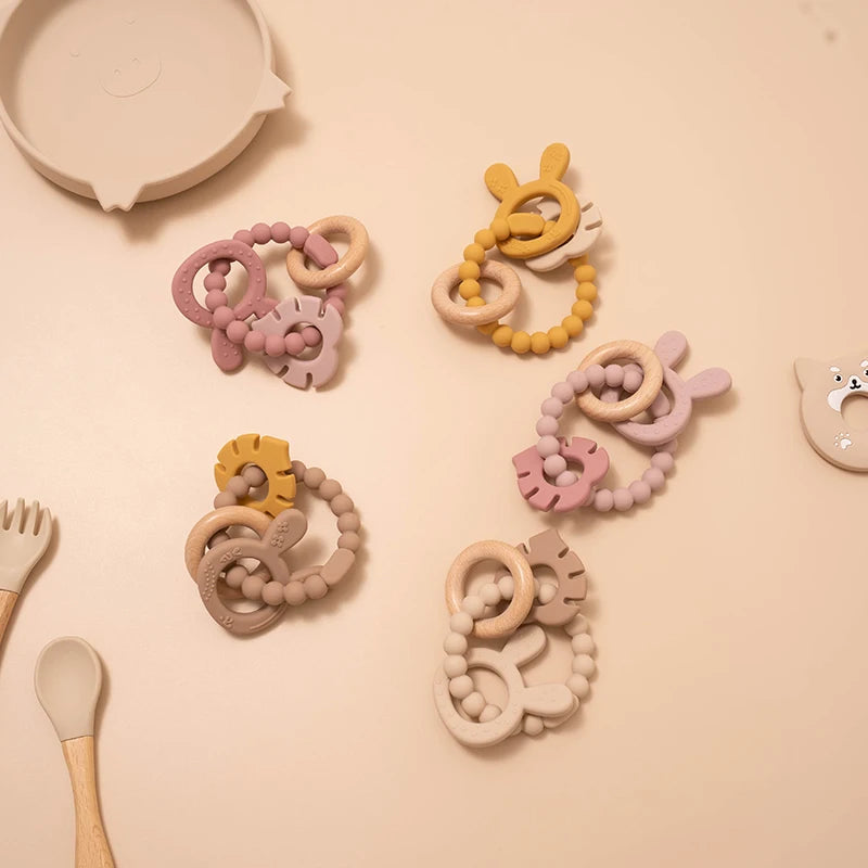 4 in 1 Baby Silicone Wooden Teether for Infants Rabbit and Leaves Design Chew Teething Toys Newborn Babies Accessories BPA Free