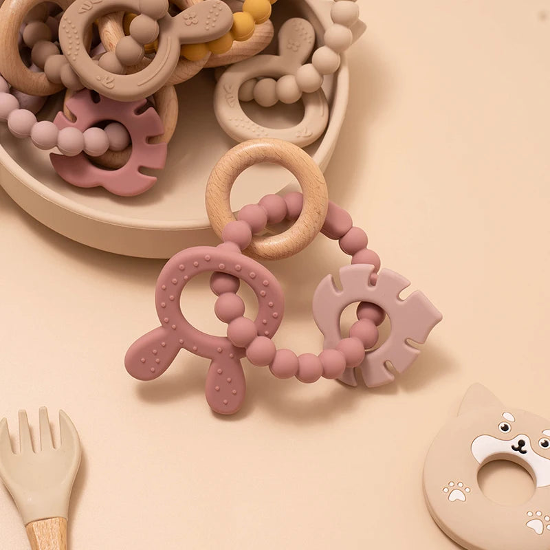 4 in 1 Baby Silicone Wooden Teether for Infants Rabbit and Leaves Design Chew Teething Toys Newborn Babies Accessories BPA Free