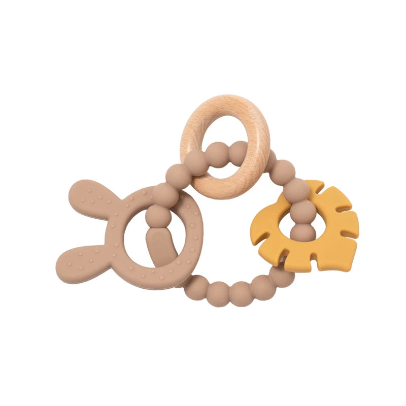 4 in 1 Baby Silicone Wooden Teether for Infants Rabbit and Leaves Design Chew Teething Toys Newborn Babies Accessories BPA Free