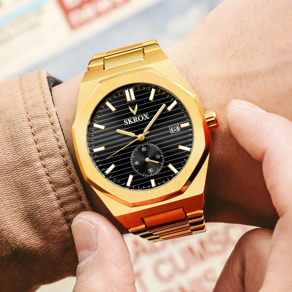 SKROX Official Original Octagonal Date Automatic Watches Top Luxury Man Gold Watch WATERRESISTANT Steel Mechanical Elegant Clock
