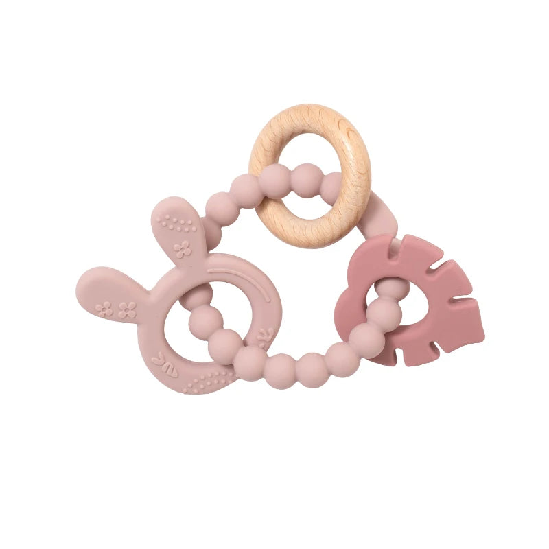 4 in 1 Baby Silicone Wooden Teether for Infants Rabbit and Leaves Design Chew Teething Toys Newborn Babies Accessories BPA Free
